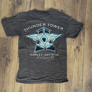 Harley-Davidson Black Tee with Light Blue and Cream Thunder Tower Graphic